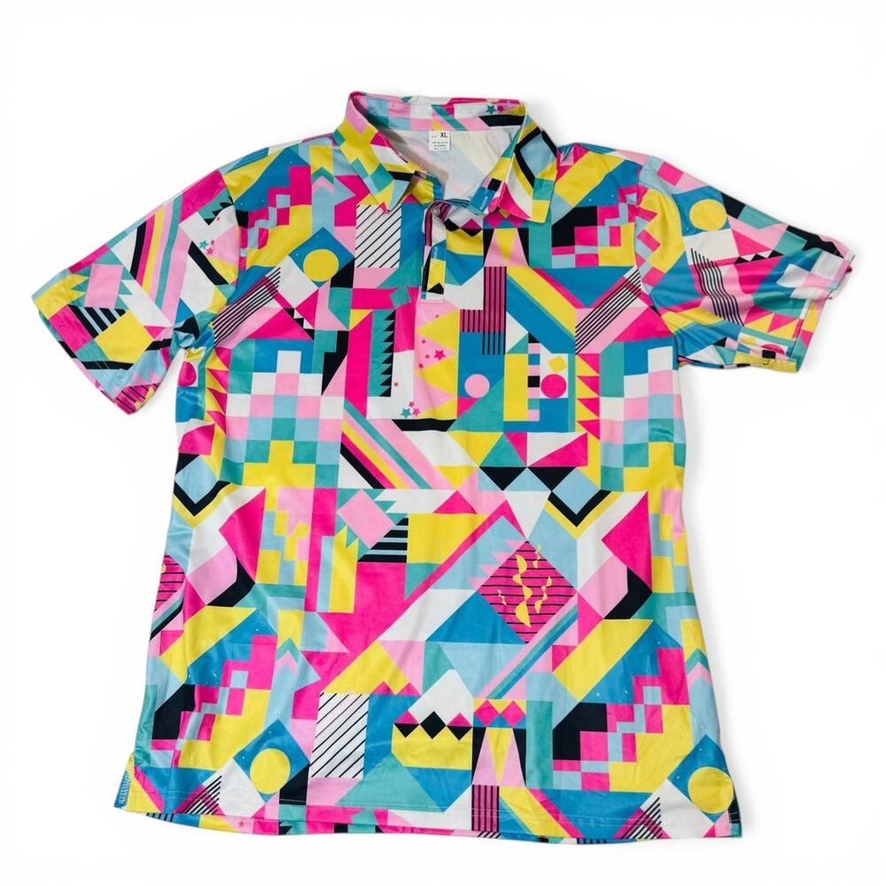 Mens XL Colorful Geometric Polo Shirt Retro 90s Style Bright Pattern